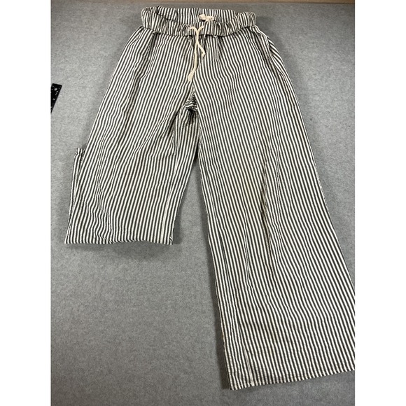 HG Pants - HG Women Black White Striped Wide Leg Cotton Drawstring Pants Size S 2485
